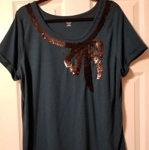 Women's Plus Teal Sequin Bow Short Sleeve Top